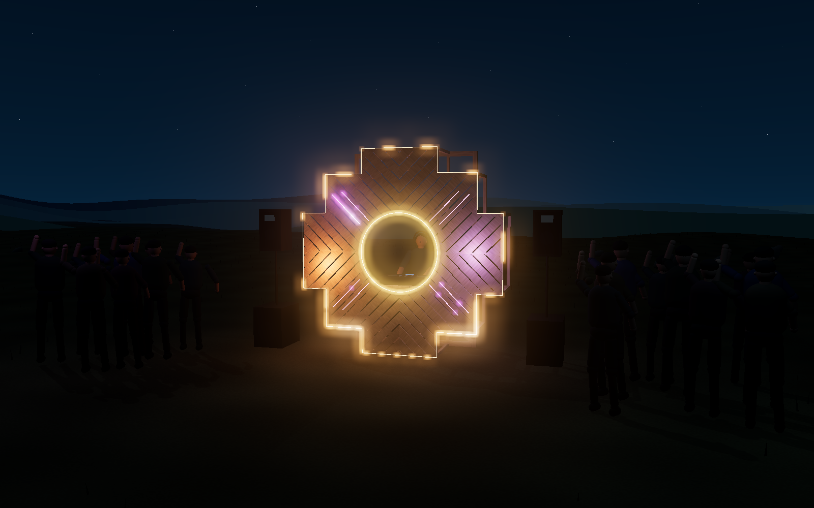 Simulación 3D de la Chakana con DJ, público y paisaje de sierras bajas