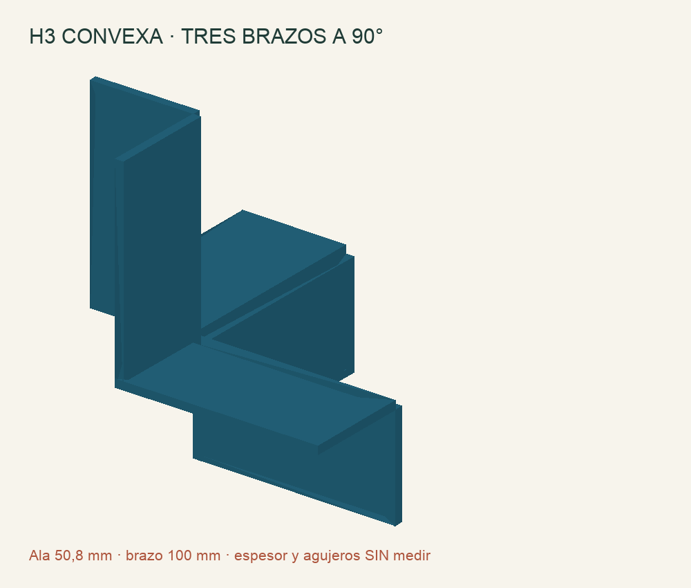 Herraje H3 convexo en vista axonométrica