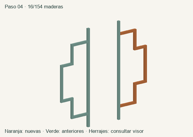 Geometría de las maderas acumuladas en este paso; herrajes en el visor 3D