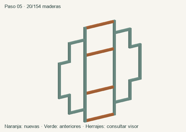 Geometría de las maderas acumuladas en este paso; herrajes en el visor 3D