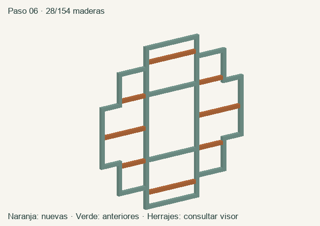 Geometría de las maderas acumuladas en este paso; herrajes en el visor 3D