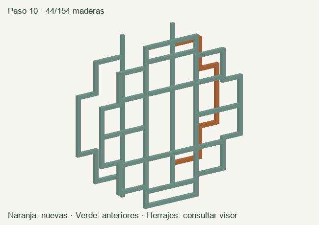 Geometría de las maderas acumuladas en este paso; herrajes en el visor 3D
