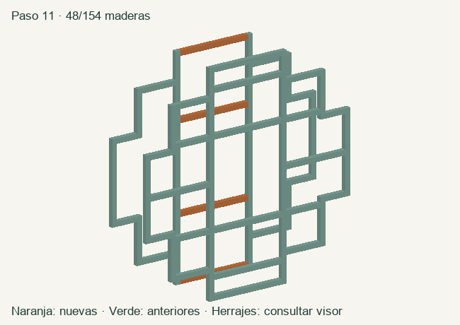 Geometría de las maderas acumuladas en este paso; herrajes en el visor 3D