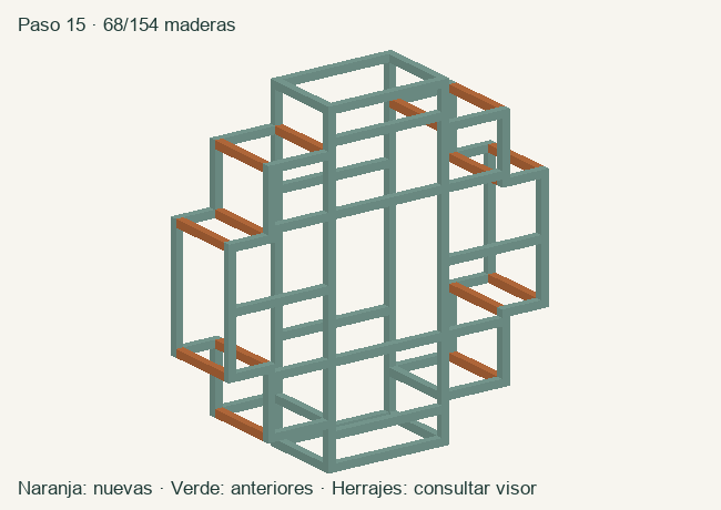 Geometría de las maderas acumuladas en este paso; herrajes en el visor 3D