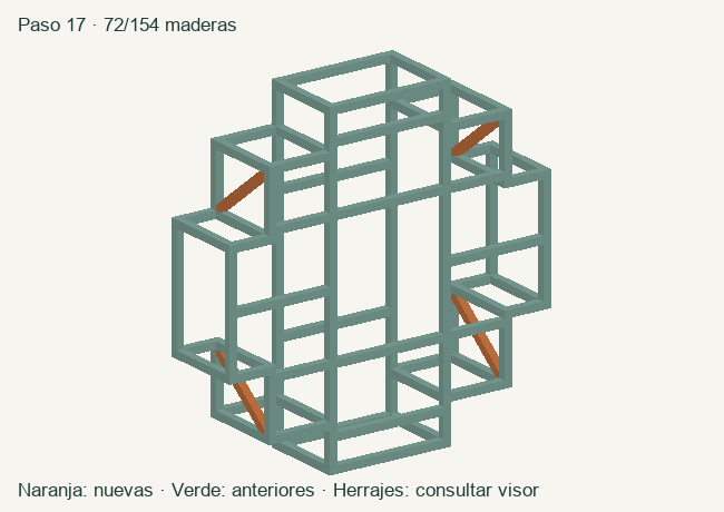 Geometría de las maderas acumuladas en este paso; herrajes en el visor 3D