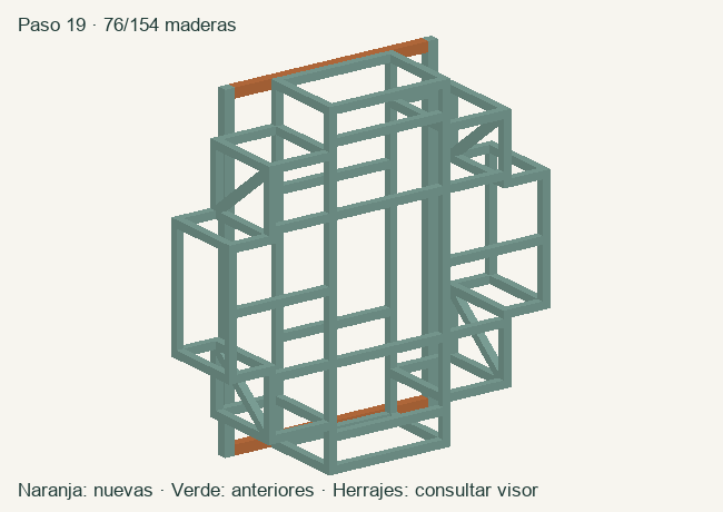 Geometría de las maderas acumuladas en este paso; herrajes en el visor 3D