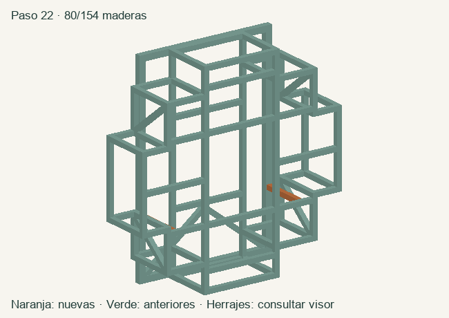 Geometría de las maderas acumuladas en este paso; herrajes en el visor 3D
