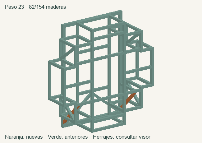 Geometría de las maderas acumuladas en este paso; herrajes en el visor 3D