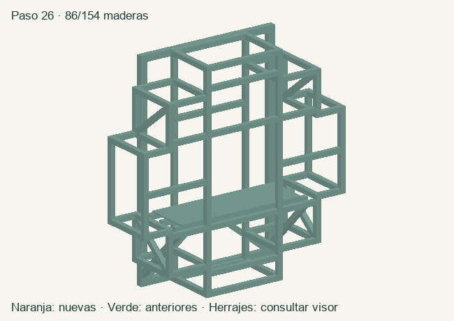 Geometría de las maderas acumuladas en este paso; herrajes en el visor 3D