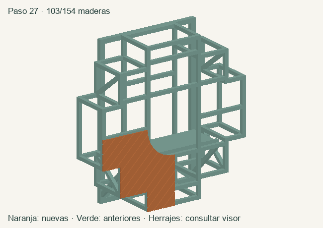 Geometría de las maderas acumuladas en este paso; herrajes en el visor 3D
