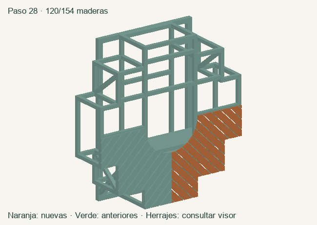 Geometría de las maderas acumuladas en este paso; herrajes en el visor 3D