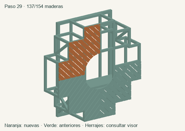 Geometría de las maderas acumuladas en este paso; herrajes en el visor 3D