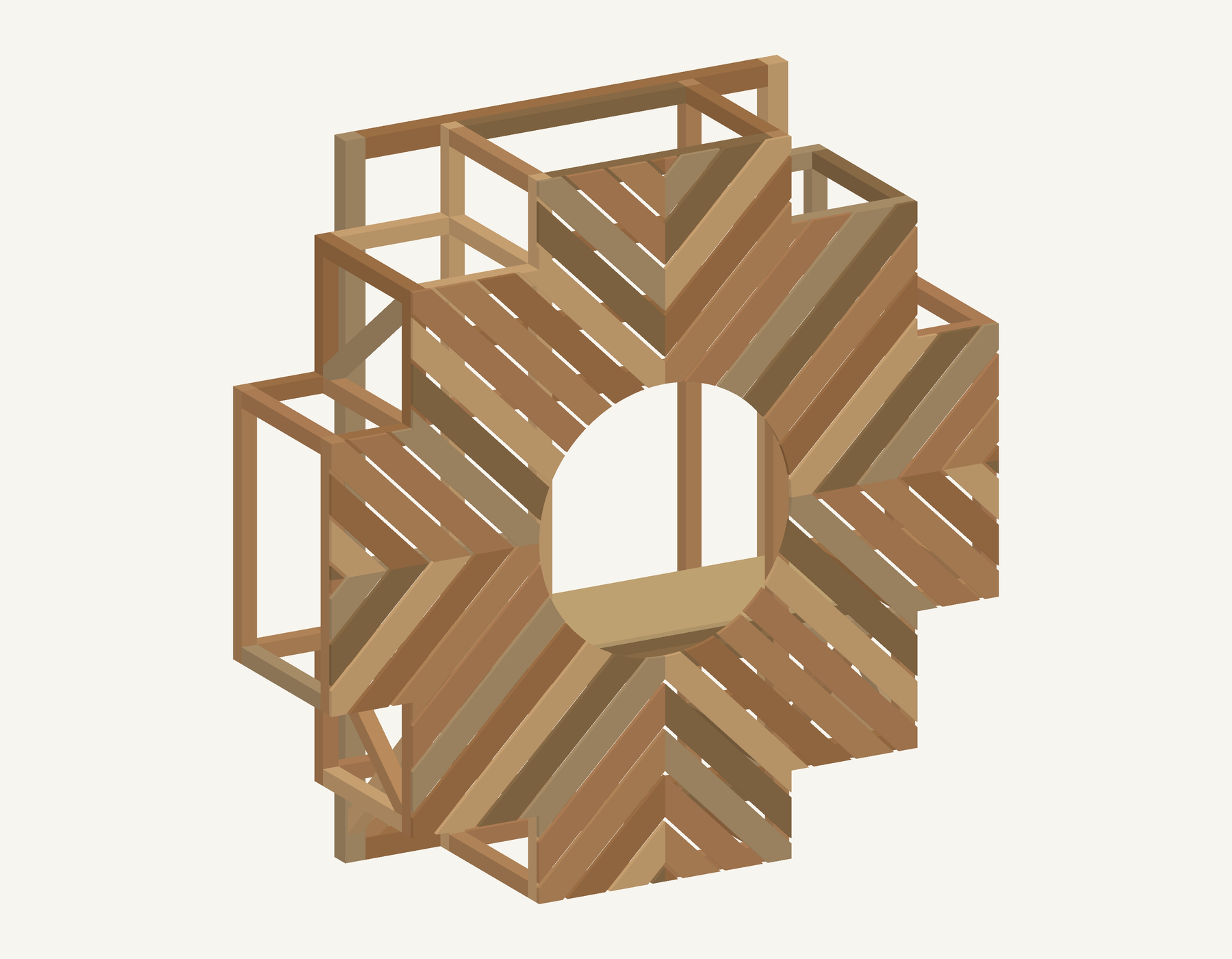 Geometría actual de la Chakana de madera, con círculo central y mesa interior